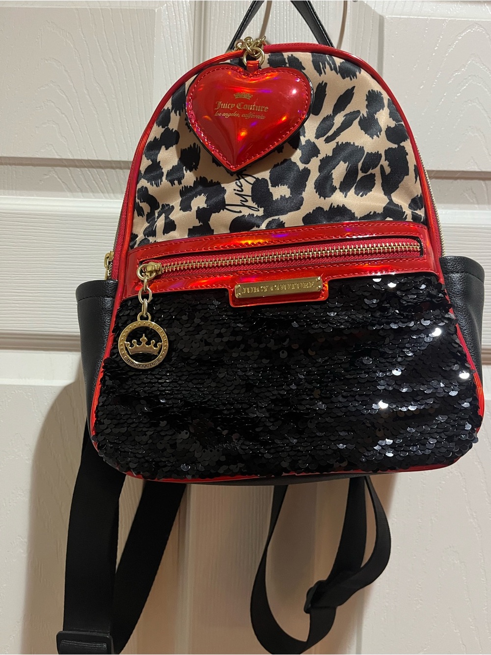 Juicy Couture Black Sequin & Red Trim Mini Backpack with Leopard Panel NWOT